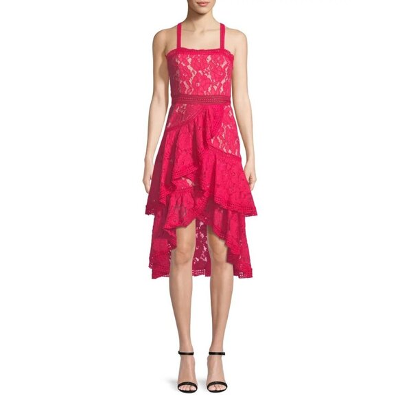 ALICE + OLIVIA Angelita Pink Guipere Lace Asymmetric Tiered Ruffle Dress, Size 4 - Picture 1 of 16